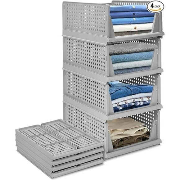 Stackable Folding Plastic Drawer Organizers Closet Storage Bins 4 Pack - Picture 7 of 7